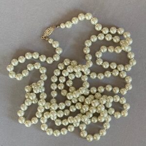 VINTAGE Long Glass Ivory Pearl Necklace with Decorative Clasp Hand-Knotted 60"